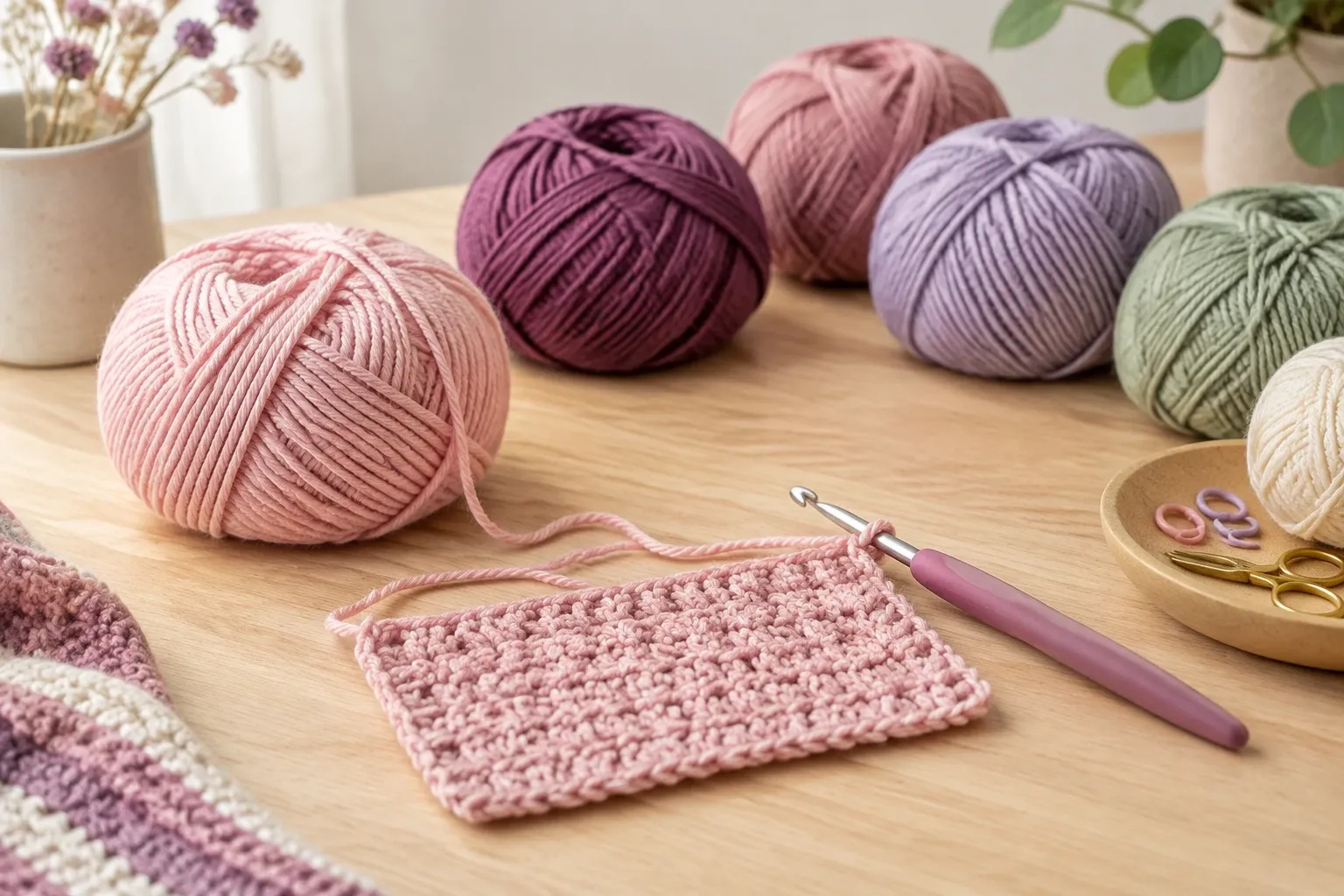 Roze haakproef met haaknaald en meerdere bollen garen op houten tafel