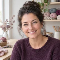 Portret van een glimlachende vrouw met een sjaal in een lichte werkruimte met garen