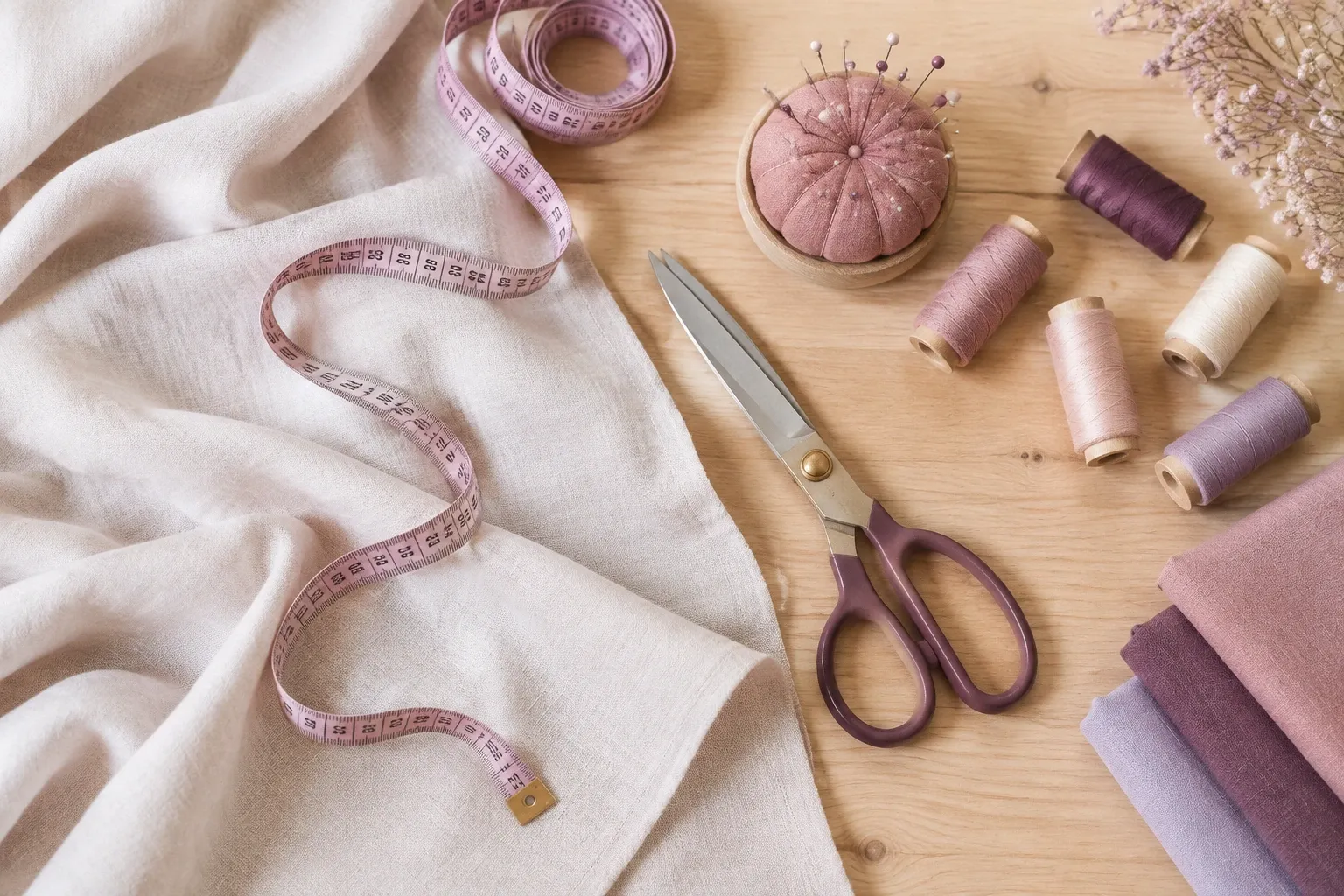 Linnenstof, meetlint, schaar, speldenkussen en pastel garen op houten tafel