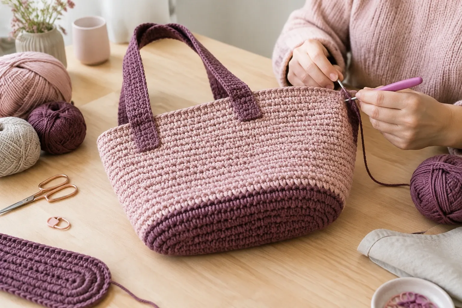 Handen haken aan roze-paars gehaakte tas met stevige bodem en hengsels
