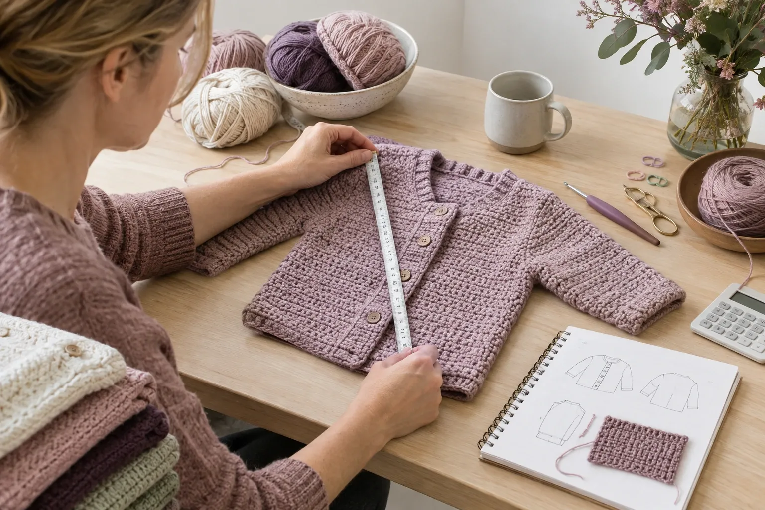 Vrouw meet een gehaakt babyvestje met meetlint op houten tafel, garen en schetsen zichtbaar